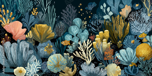 Lush, Stylized Coral Reef Illustration with Vibrant Marine Life in Hues of Blue, Yellow, and Orange.