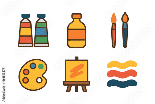 vector colorful flat filled icons paint set (oil): paint tubes linseed oil bottle brushes palette canvas thick strokes.