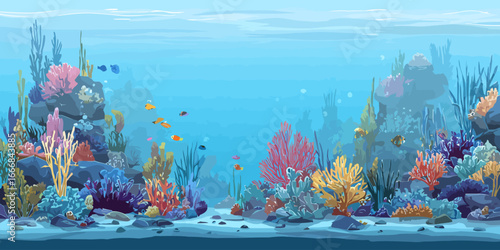 Vibrant cartoon illustration of an underwater coral reef with colorful fish, seaweed, and rocks.
