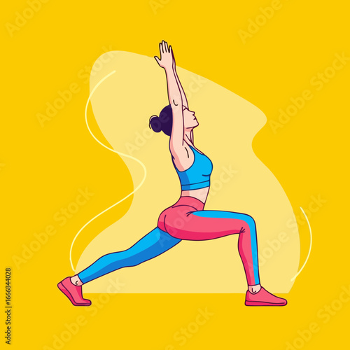 Vector flat illustration of young women doing yoga exercises in different poses. Fitness and healthy lifestyle concept with bright colorful background, modern design for wellness, sport, and health