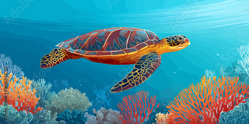 Stylized illustration of a swimming sea turtle with a patterned brown shell and yellow-orange skin.