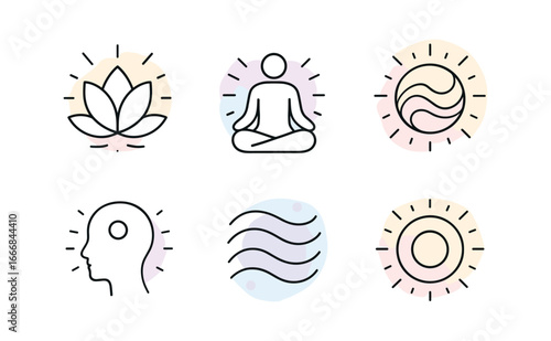 vector outline icons inner peace (abstract): soft curves pastel colors radiating glow flowing lines circles gentle gradient.