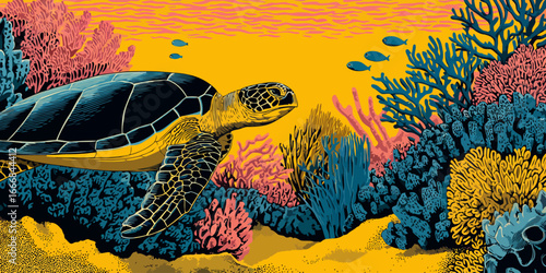 Bold Graphic Illustration of a Sea Turtle Swimming in a Vibrant, Colorful Coral Reef