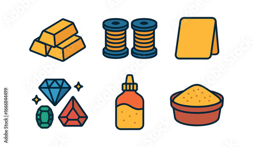 vector colorful flat filled icons goldsmith (materials): gold bars wire spools sheet metal gemstones flux casting sand.