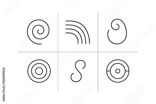 vector outline icons patience (abstract): soft spirals fading lines warm gradients slow curves calm center balanced shapes.