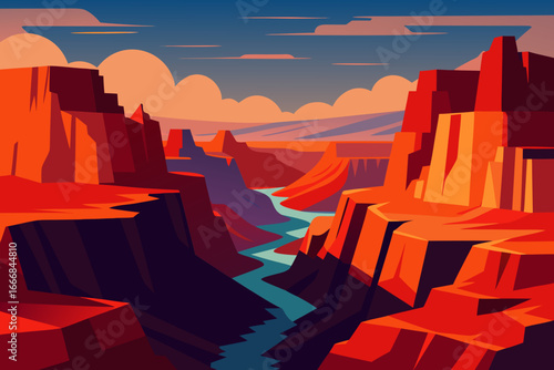 Vibrant stylized grand canyon landscape with winding river