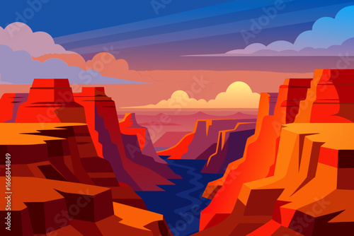 Vibrant stylized grand canyon landscape at sunset