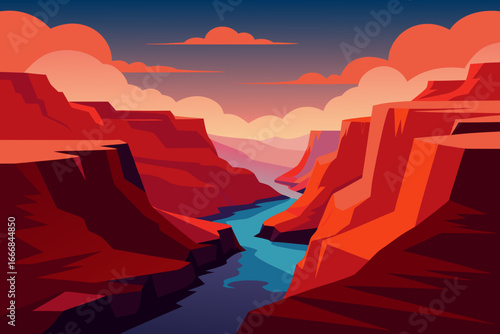 Stylized canyon landscape with river at sunset
