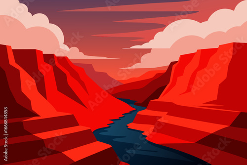 Vibrant red canyon landscape with winding river and clouds