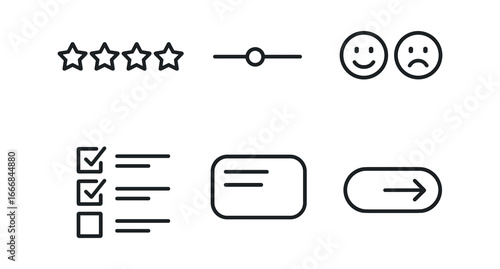 vector outline icons employee feedback form (rating scale): star icons slider bar smile frown checkbox list comment field submit button.