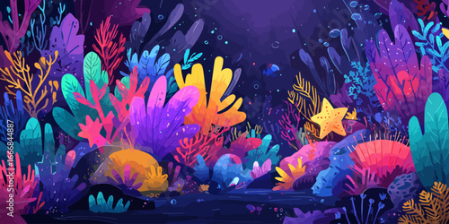 Stylized deep-sea coral reef illustration with vibrant, glowing neon colors and diverse marine flora.