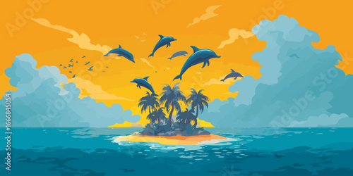 Playful blue dolphins leaping over a secluded tropical island during a vibrant orange sunset.