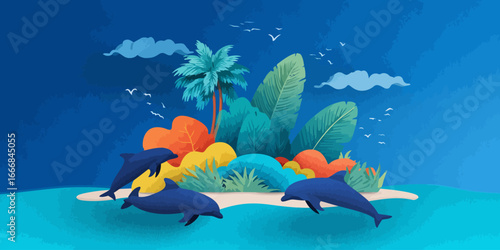 A vibrant, stylized illustration of three blue dolphins swimming around a colorful tropical island with exotic foliage.