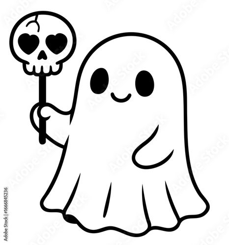 Cute ghost holding candy skull lollipop with cracked head and heart shaped eyes, sweet spooky halloween character illustration