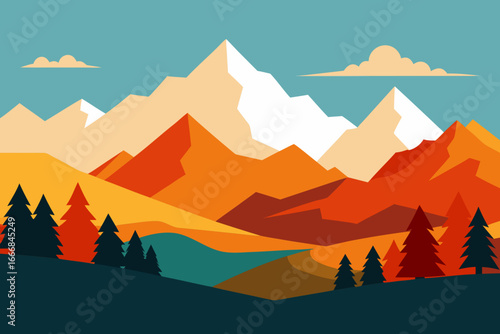 Geometric mountain landscape with trees and lake in autumn colors