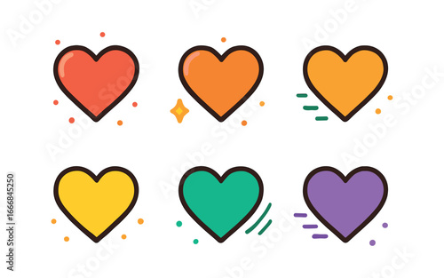 vector colorful filled icons heart reaction (outlined heart): thin stroke fill outline shadow smear sparkle dot motion line background dot.