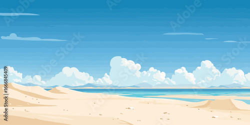 Stylized Vector Illustration of a Serene Beach with Sand Dunes and a Cloudy Blue Sky
