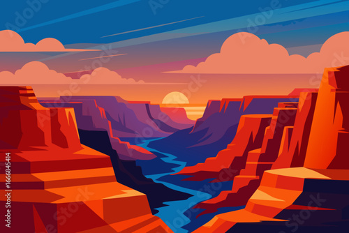 Vibrant sunset over a stylized grand canyon landscape