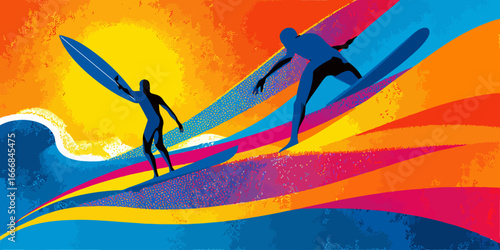 Stylized graphic illustration of two blue silhouette surfers riding vibrant, colorful waves.