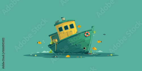 Charming cartoon illustration of a sinking green and yellow fishing boat surrounded by curious fish.