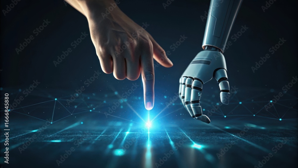 custom made wallpaper toronto digitalHuman and robot hands reaching out touching with glowing blue light representing artificial intelligence connection