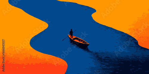 High-angle graphic art of a lone figure poling a boat down a winding blue river between orange banks.