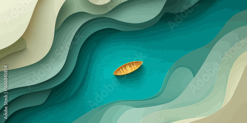 Top-down view of a lone yellow boat on a turquoise river in a stylized paper-cut canyon.