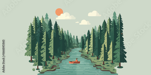 Stylized flat illustration of a person canoeing on a river through a dense pine forest.