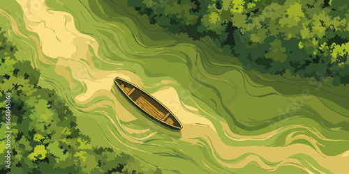 Aerial top-down illustration of a lone canoe on a winding river through a lush green forest.