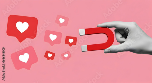 Hand holding a magnet attracting social media like icons for marketing success