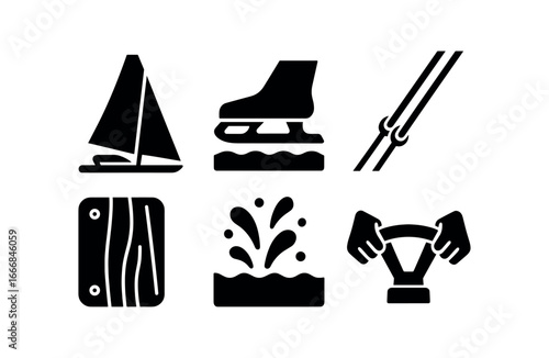vector solid black filled icons ice yachting (close up): sail detail skates on ice taut ropes polished wood spray hands on tiller.