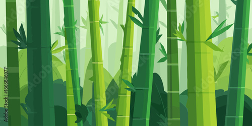 A stylized illustration of a dense green bamboo forest with vibrant stalks and leaves in a flat, layered vector art style.