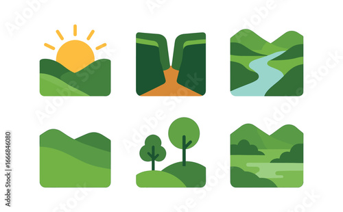 vector colorful flat filled icons rift valley (morning): sunrise light wide gorge river green slopes scattered trees mist.