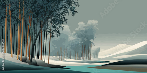 Serene winter landscape illustration featuring a bamboo forest, snowy hills, and a tranquil teal river.