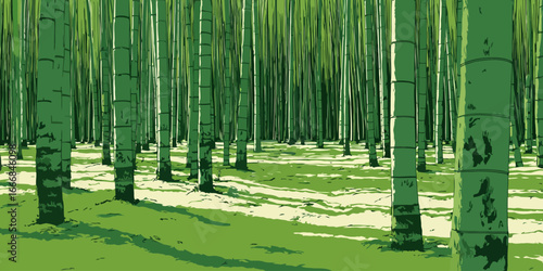 Vibrant green bamboo forest illustration with graphic, stylized stalks and dappled light.