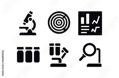 vector solid black filled icons dendrologist (lab): microscope wood cross section growth rings data charts sample jars magnifying lamp.