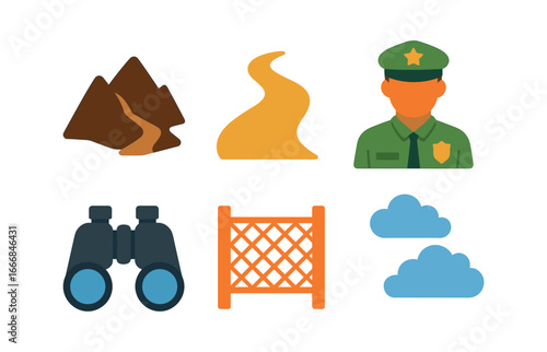 vector colorful filled icons border patrol agent (mountain border): rocky terrain trail officer binoculars fence cloudy sky.