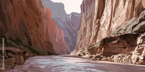 Stylized vector art of a majestic river flowing through a deep, rocky canyon with sunlit walls.