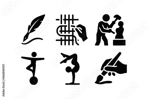 vector solid black filled icons graceful strength (creative): calligraphy weaving sculpting balancing performance acrobatics detailed painting.