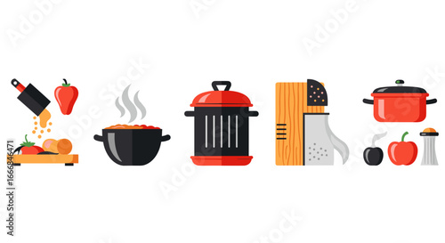 Illustration showcasing a variety of kitchen utensils and food items arranged in a colorful display