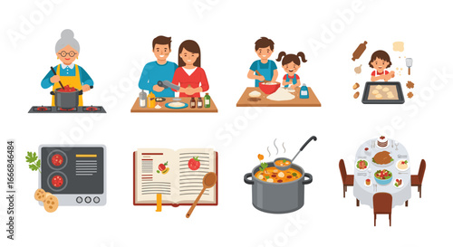 Illustrations depicting family cooking activities from meal preparation to setting the dinner table