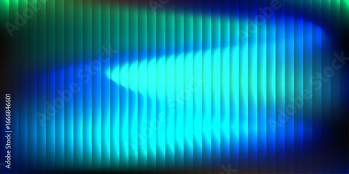 Abstract ripple glass texture gradient in blue and green neon light. Futuristic background with fluted vertical lines and vibrant blue green gradient