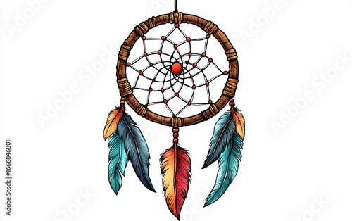 Handcrafted Indigenous Dreamcatcher with Colorful Beads Isolated On White Background.