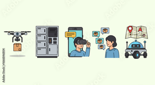 Illustration showing drone delivery lockers vr experience and delivery robot on a light background