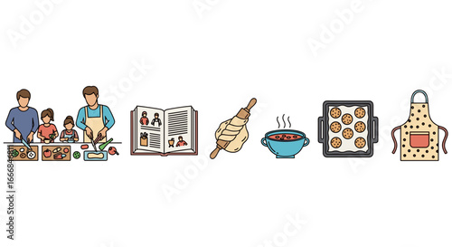 Illustration showing a family cooking together with recipe book, rolling pin, soup and cookies on a tray