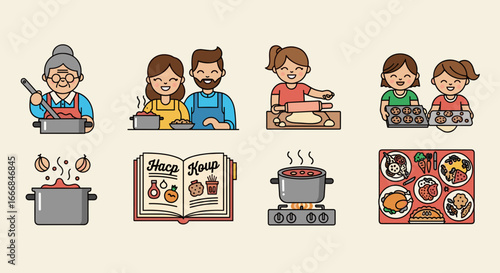Illustrative depiction of family cooking activities with various food preparation scenes showcased nicely