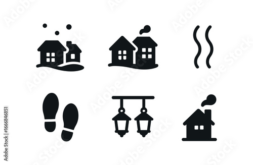 vector solid black filled icons village lights walk (winter): snowy street glowing frosty air footsteps hanging lanterns smoke from chimneys.