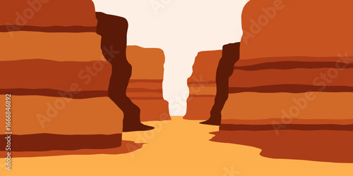 A minimalist illustration of a desert canyon with stratified red rock walls and a sandy path.