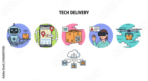 Illustration of tech delivery methods featuring a robot, smartphone, package, vr headset and drone delivery