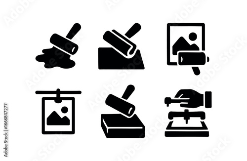 vector solid black filled icons ink roller (process): spreading ink rolling on plate transferring print drying paper inking block pressing sheet.